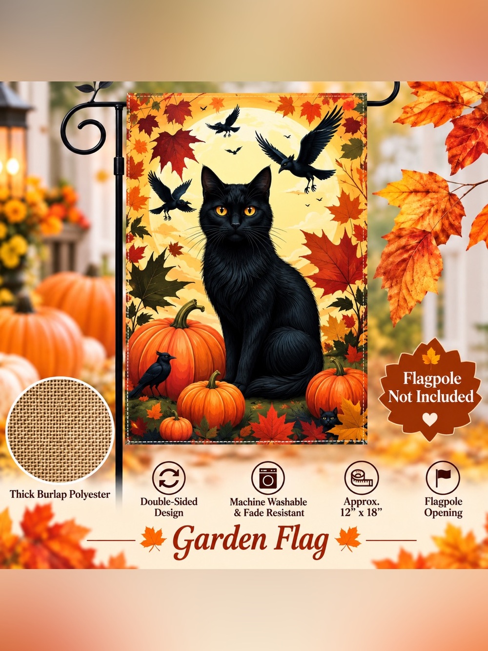 Garden flag, Halloween black cat, burlap polyester, double-sided, 12” x 18”